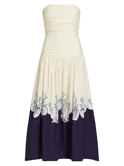 Malla Marine-Print Cotton Strapless Maxi Dress