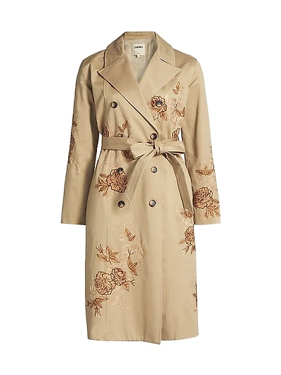Venus Floral-Embroidered Double-Breasted Trench Coat
