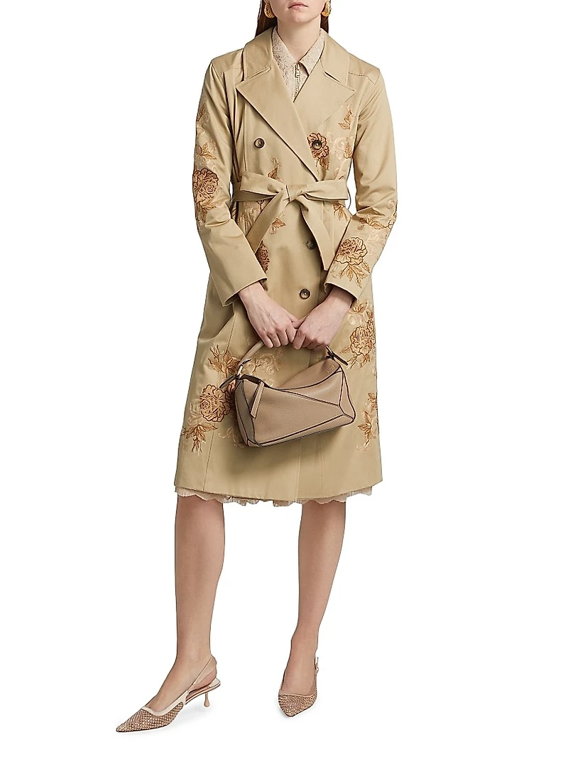 Venus Floral-Embroidered Double-Breasted Trench Coat