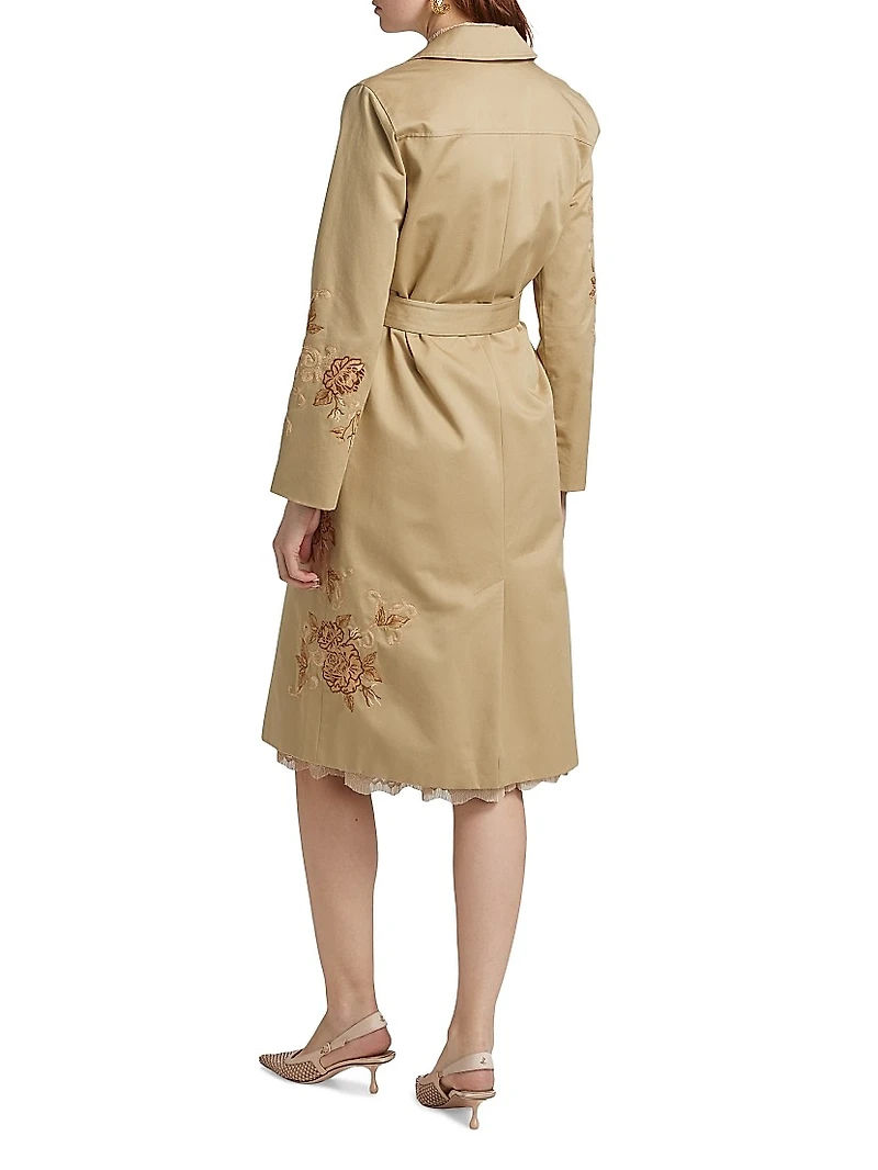 Venus Floral-Embroidered Double-Breasted Trench Coat