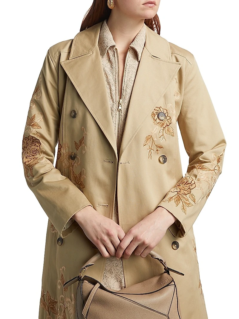 Venus Floral-Embroidered Double-Breasted Trench Coat