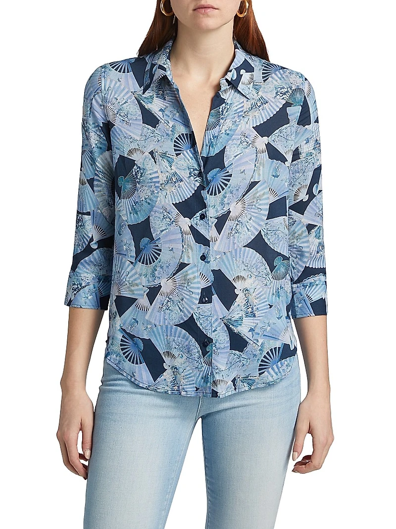 Camille Abstract Fan Print Three-Quarter-Length-Sleeve Shirt