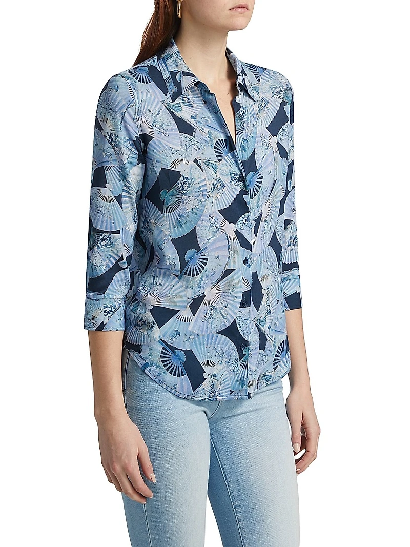 Camille Abstract Fan Print Three-Quarter-Length-Sleeve Shirt