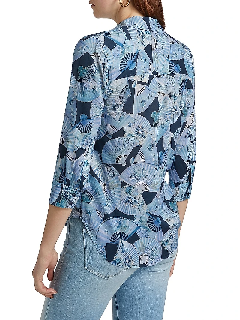 Camille Abstract Fan Print Three-Quarter-Length-Sleeve Shirt