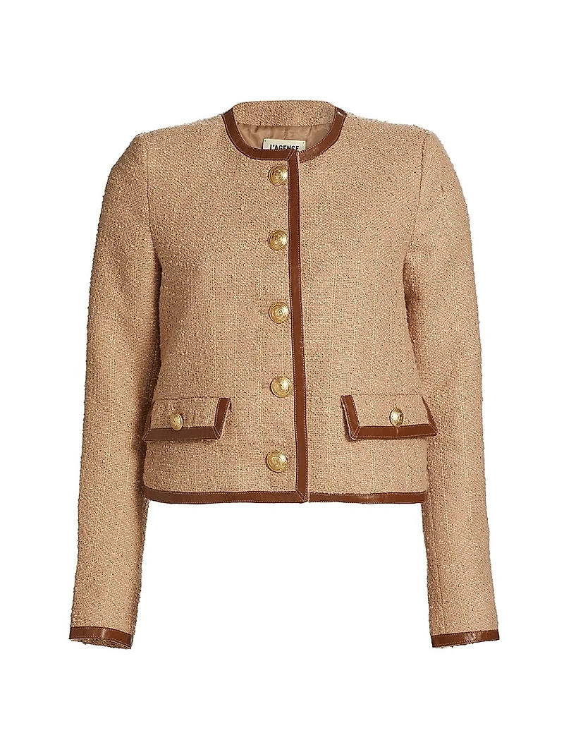 Zaya Faux Leather-Trim Tweed Collarless Jacket