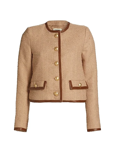 Zaya Faux Leather-Trim Tweed Collarless Jacket