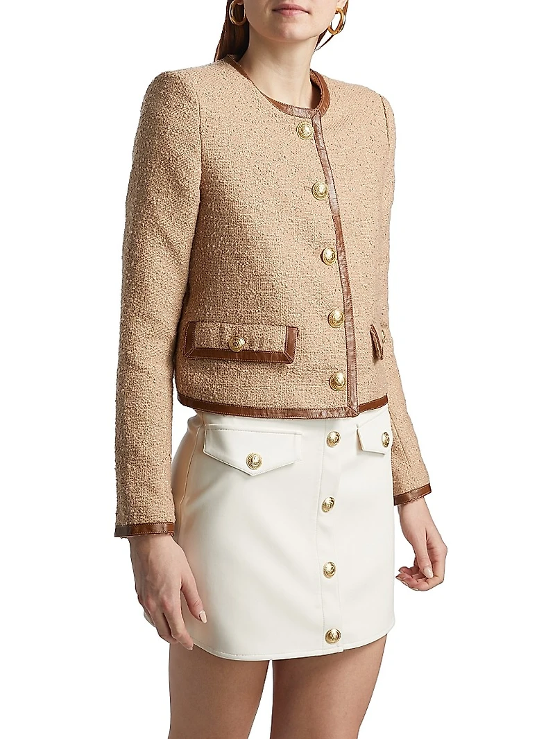 Zaya Faux Leather-Trim Tweed Collarless Jacket