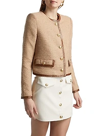 Zaya Faux Leather-Trim Tweed Collarless Jacket