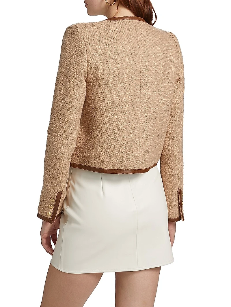 Zaya Faux Leather-Trim Tweed Collarless Jacket