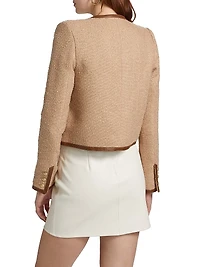 Zaya Faux Leather-Trim Tweed Collarless Jacket