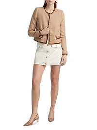 Zaya Faux Leather-Trim Tweed Collarless Jacket