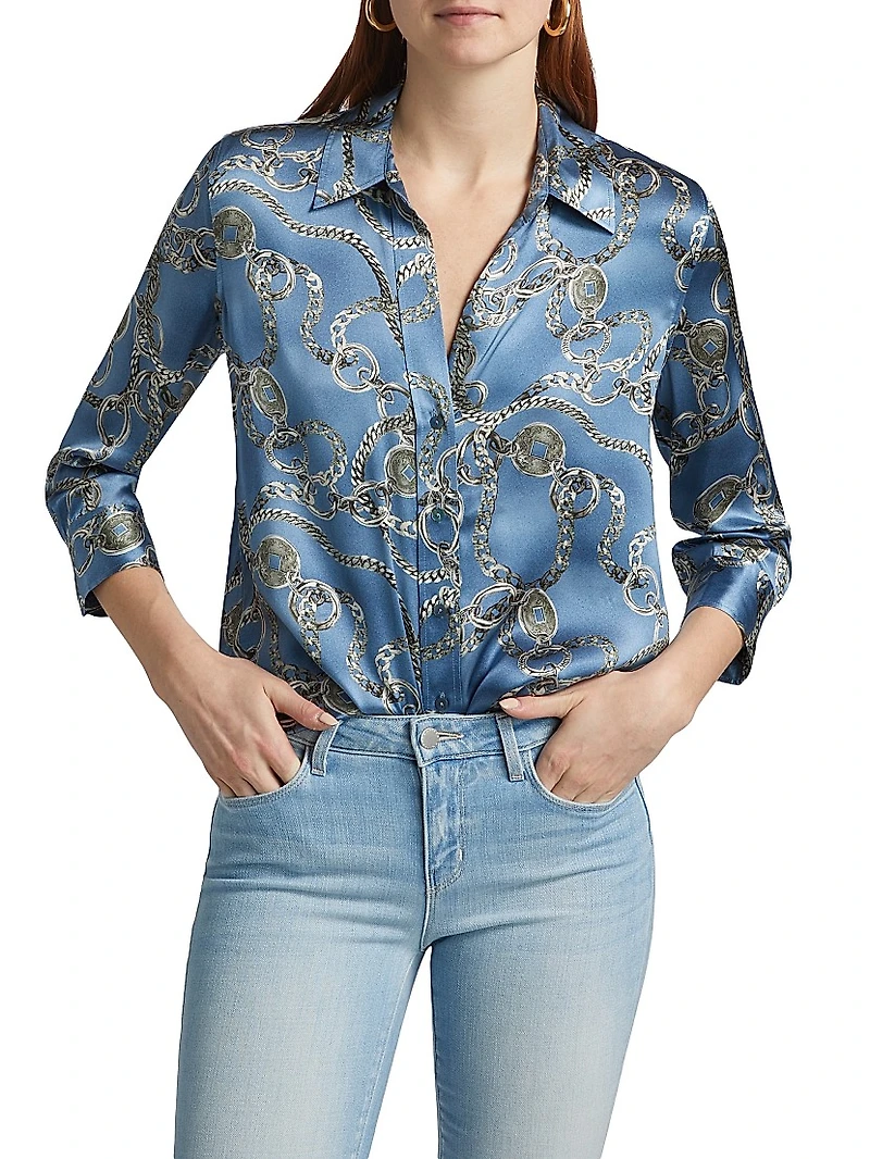 Dani Chainlink Print Silk Button-Front Blouse