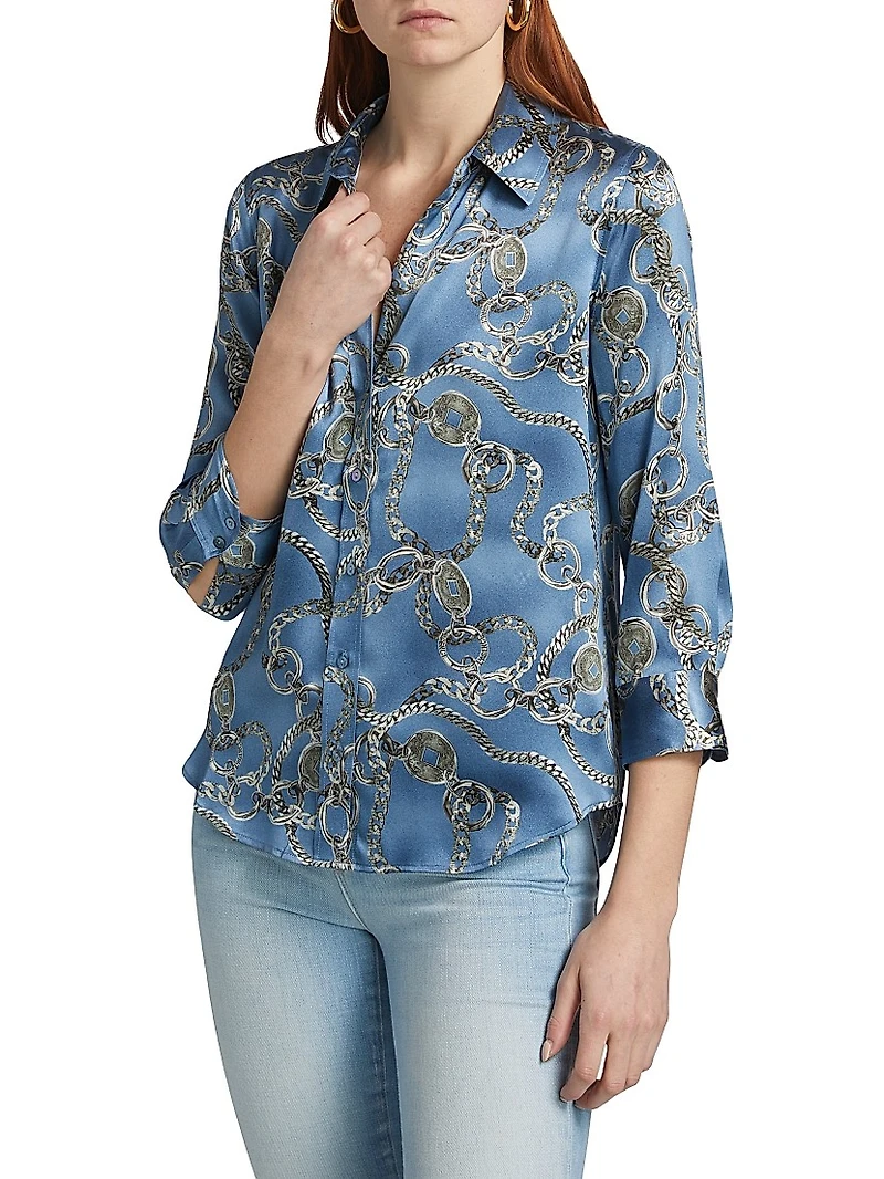 Dani Chainlink Print Silk Button-Front Blouse