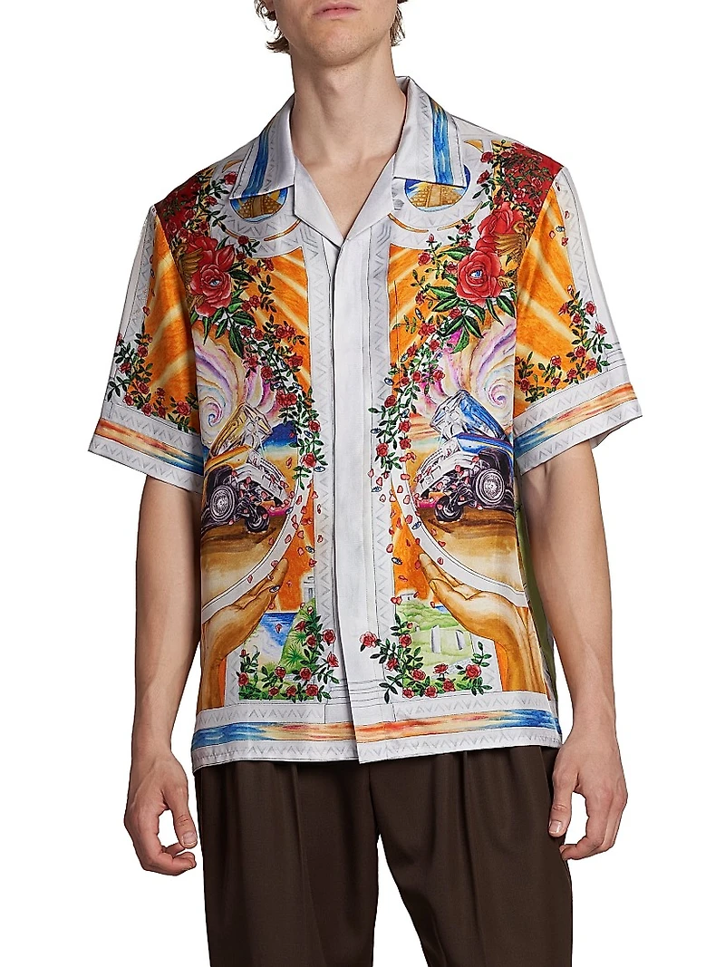 Short-Sleeve Cuban Collar Silk Shirt
