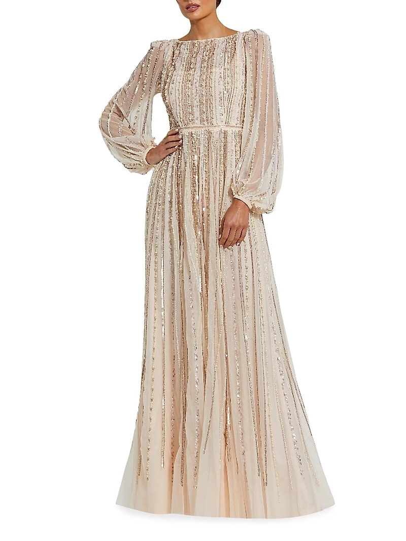 Striped Beaded Chiffon Boatneck Gown