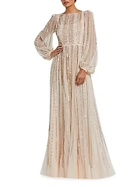 Striped Beaded Chiffon Boatneck Gown