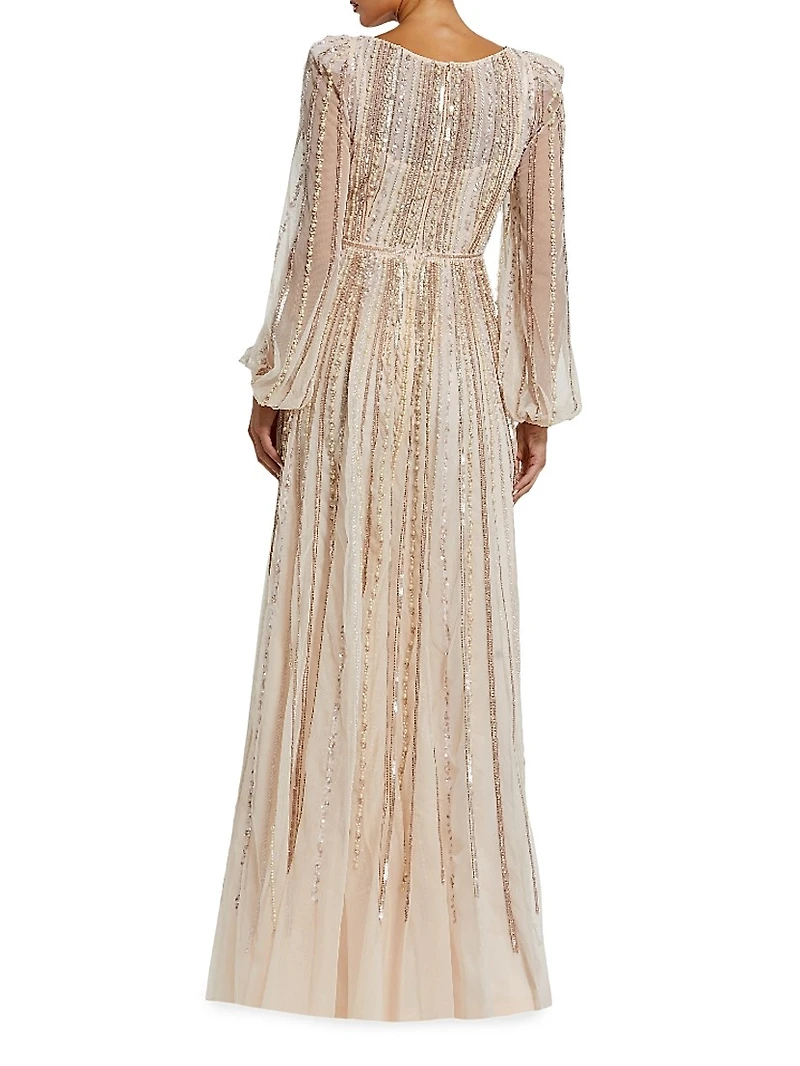 Striped Beaded Chiffon Boatneck Gown