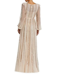 Striped Beaded Chiffon Boatneck Gown