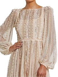 Striped Beaded Chiffon Boatneck Gown