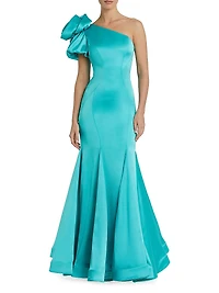 Seasonless Rosette One-Shoulder Satin Mermaid Gown