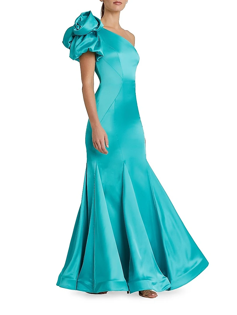 Seasonless Rosette One-Shoulder Satin Mermaid Gown