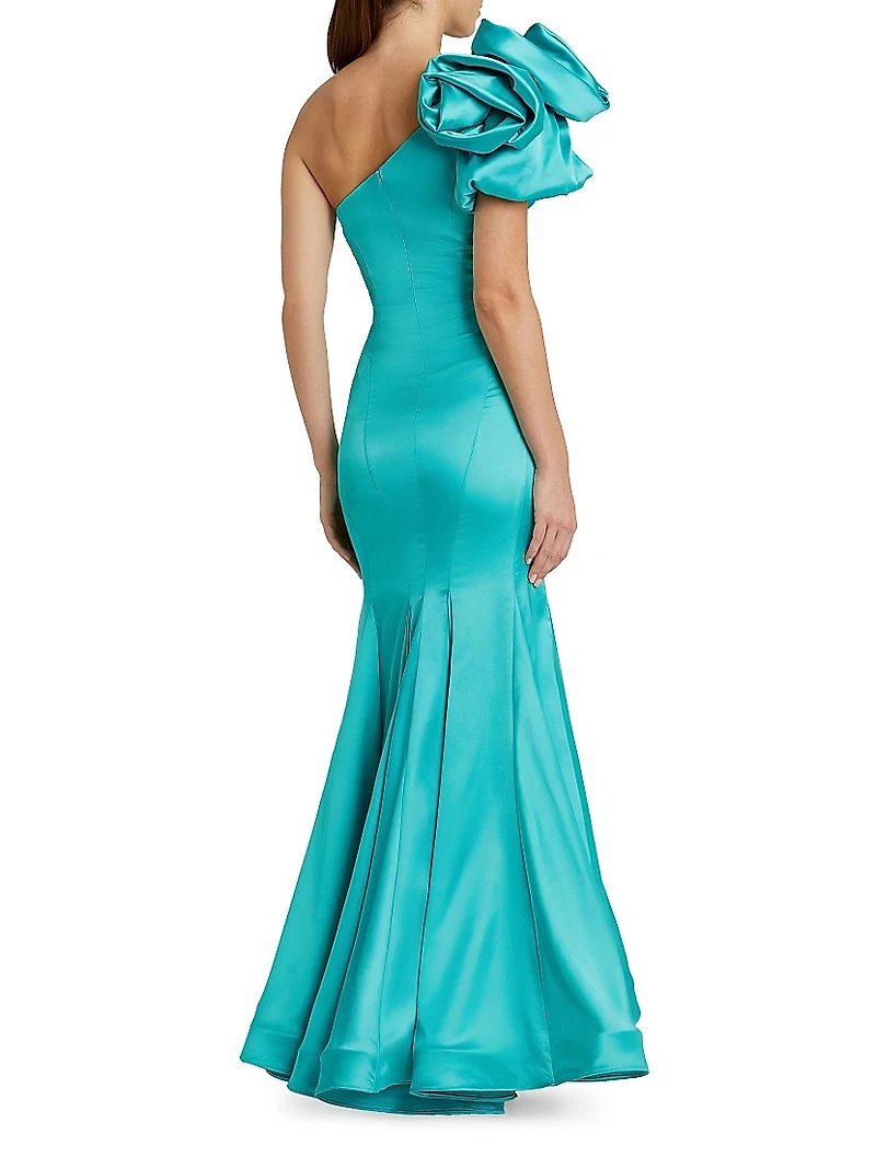 Seasonless Rosette One-Shoulder Satin Mermaid Gown