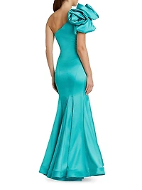 Seasonless Rosette One-Shoulder Satin Mermaid Gown