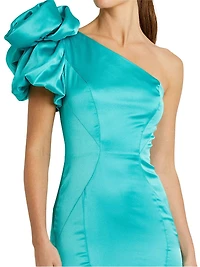 Seasonless Rosette One-Shoulder Satin Mermaid Gown