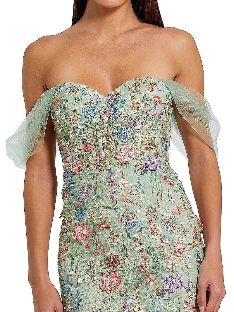 Seasonless Embroidered Tulle Off-The-Shoulder Bustier Gown