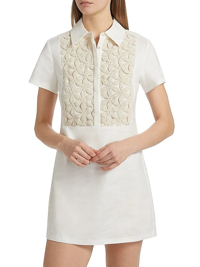 Sabrina Linen-Blend Floral-Embellished Mini Shirtdress