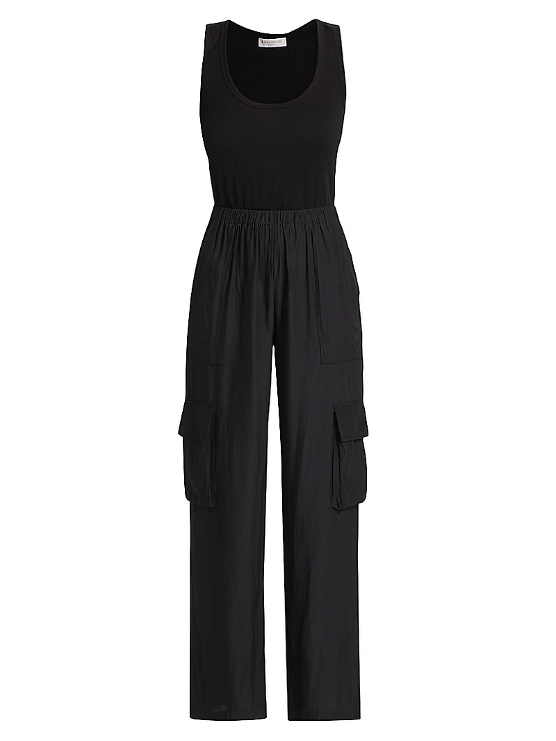 Carys Mixed-Media Cargo Straight-Leg Jumpsuit