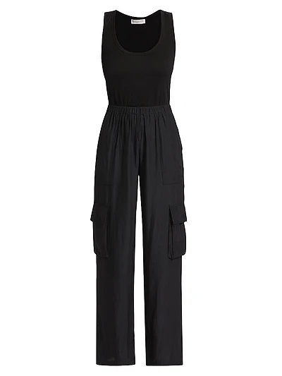 Carys Mixed-Media Cargo Straight-Leg Jumpsuit