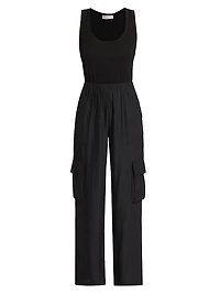 Carys Mixed-Media Cargo Straight-Leg Jumpsuit