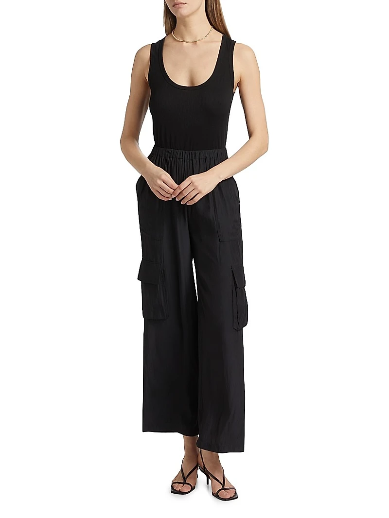 Carys Mixed-Media Cargo Straight-Leg Jumpsuit