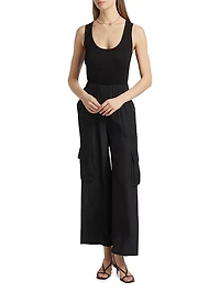 Carys Mixed-Media Cargo Straight-Leg Jumpsuit