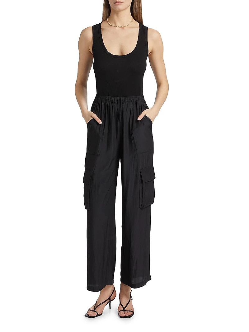 Carys Mixed-Media Cargo Straight-Leg Jumpsuit