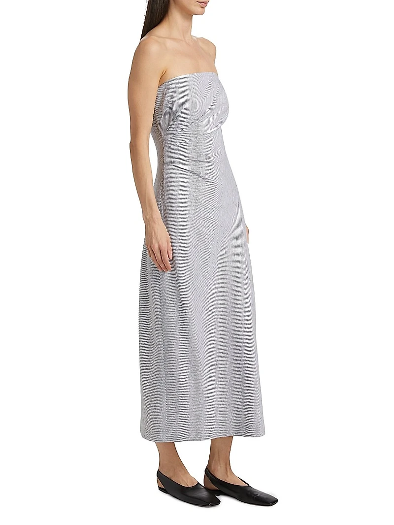 Striped Cotton-Linen Strapless Midi-Dress