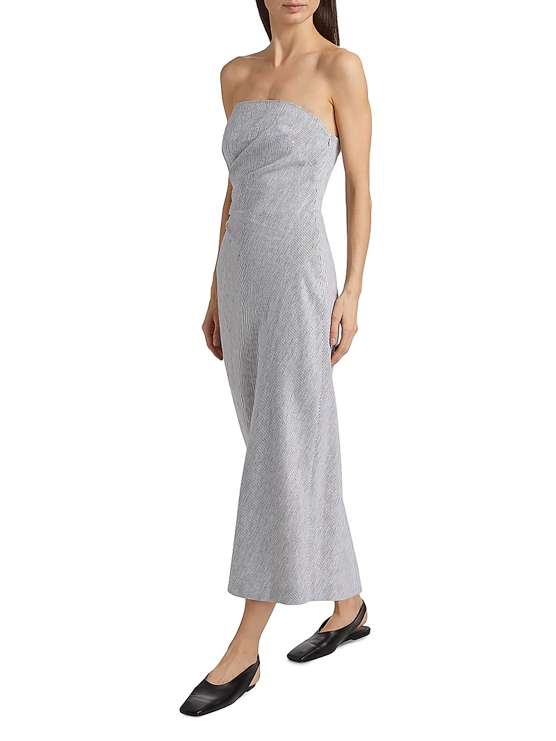 Striped Cotton-Linen Strapless Midi-Dress