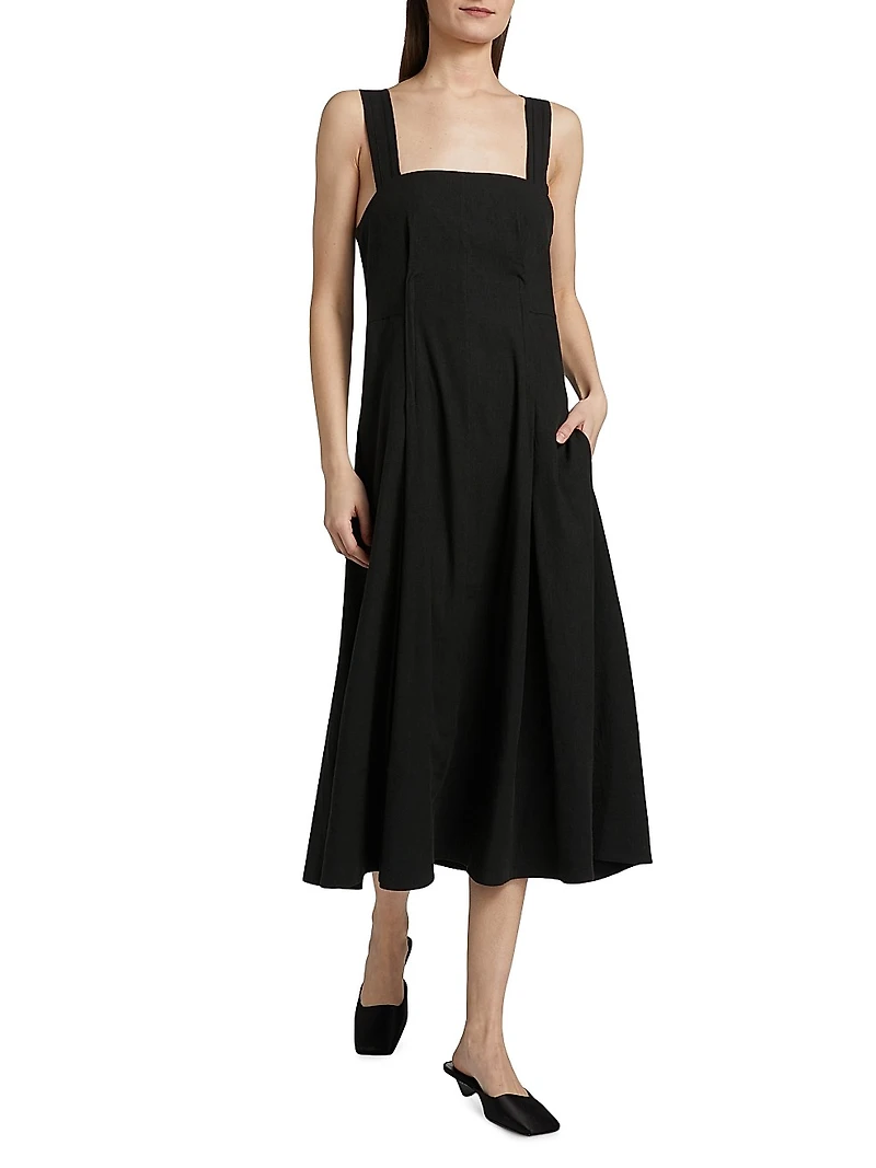 Linen-Blend Square Neck Tank Midi-Dress