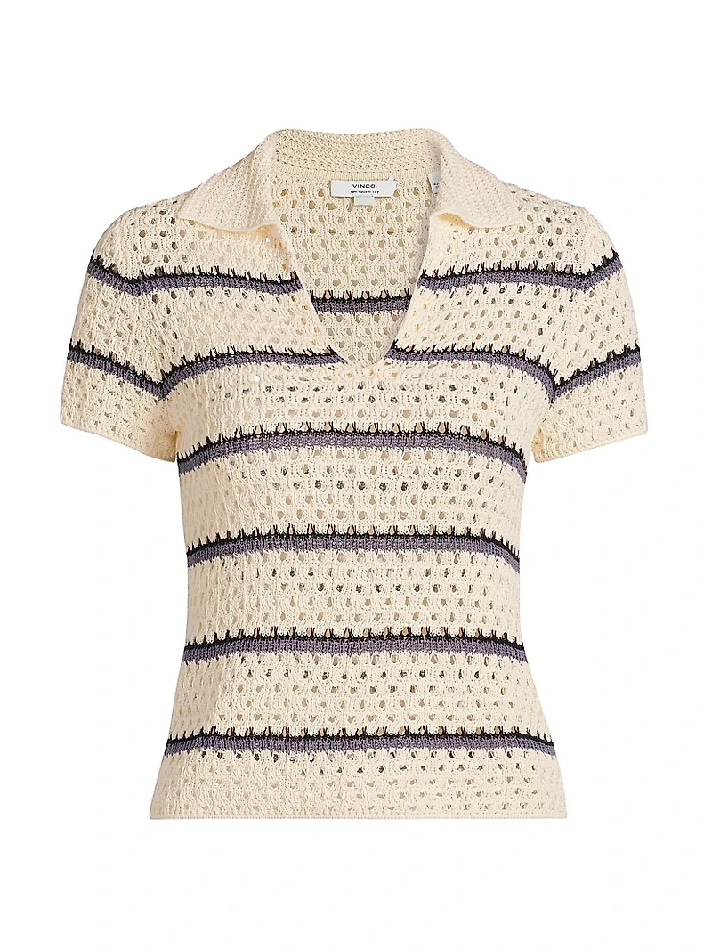 Striped Macramé Open-Knit Polo Shirt