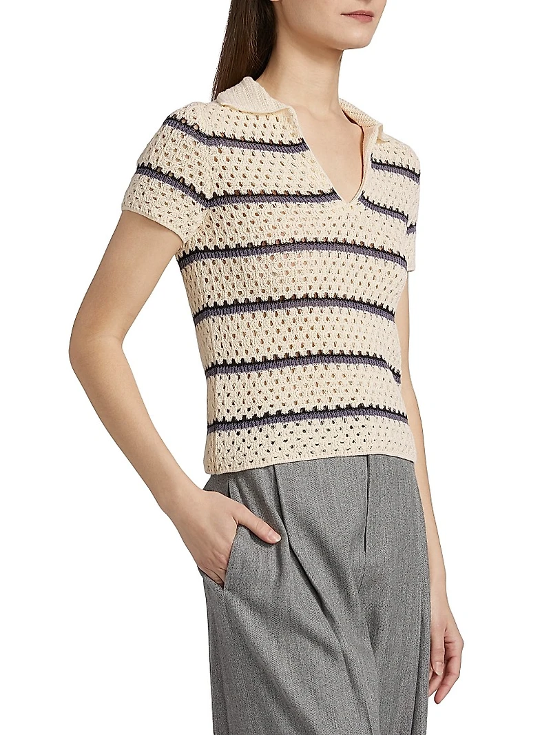 Striped Macramé Open-Knit Polo Shirt
