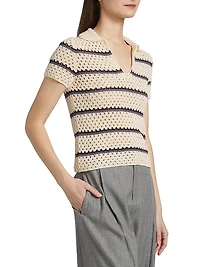 Striped Macramé Open-Knit Polo Shirt