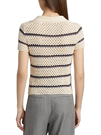 Striped Macramé Open-Knit Polo Shirt