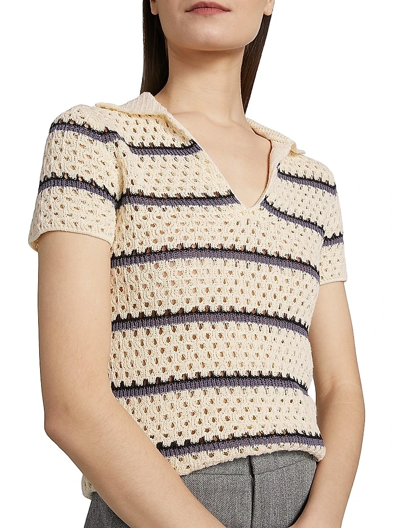 Striped Macramé Open-Knit Polo Shirt