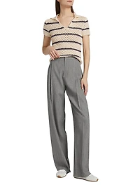 Striped Macramé Open-Knit Polo Shirt