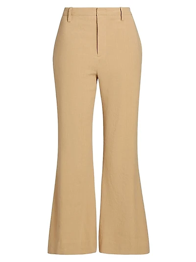 Stretch Linen Mid-Rise Crop Flare Trousers