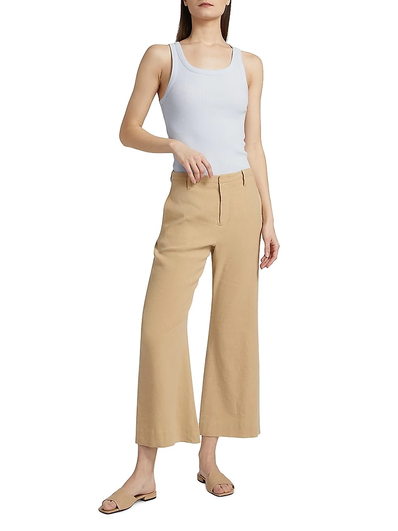Stretch Linen Mid-Rise Crop Flare Trousers