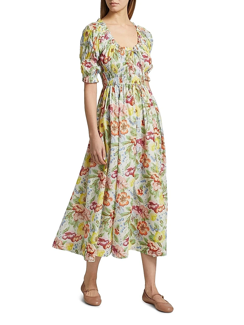 Ischia Floral Smocked Midi-Dress
