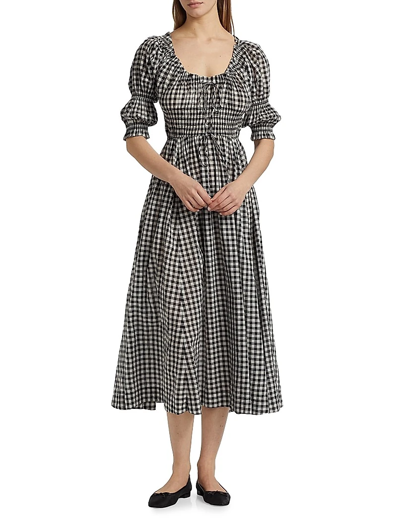 Ischia Gingham Cotton Tie-Waist Midi Dress