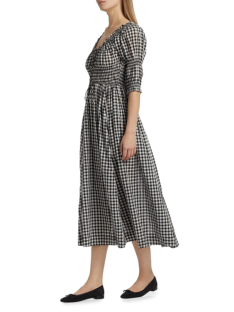 Ischia Gingham Cotton Tie-Waist Midi Dress